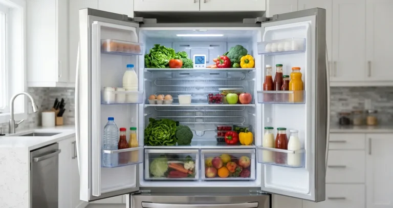 Falla en refrigerador Samsung que no enfría: interior abierto con escarcha en el evaporador y termómetro midiendo la temperatura