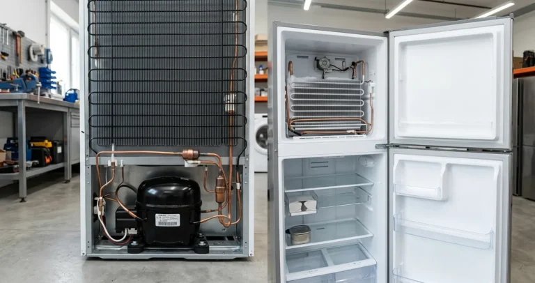 Partes de un refrigerador: compresor, condensador y evaporador visibles en un equipo abierto