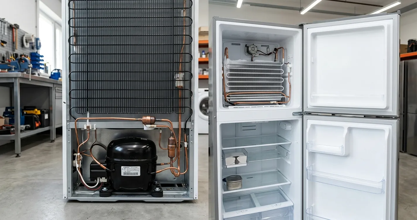 Partes de un refrigerador: compresor, condensador y evaporador visibles en un equipo abierto