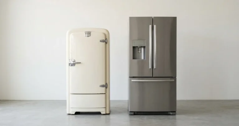 Historia del refrigerador: modelo doméstico antiguo junto a un refrigerador moderno de acero inoxidable