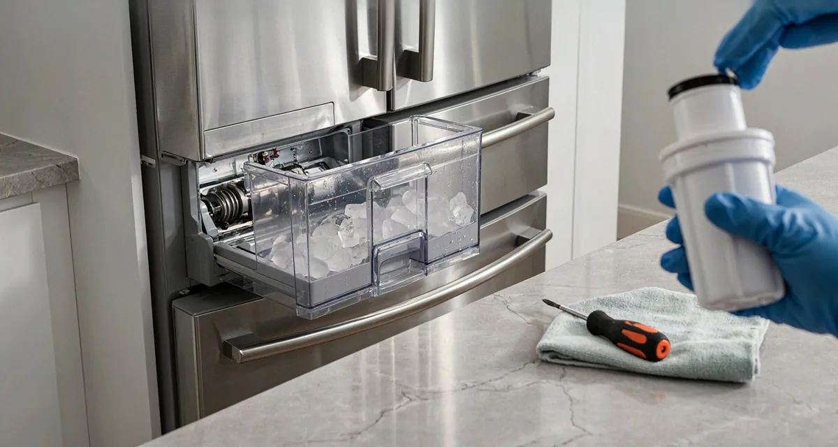 Cómo arreglar un refrigerador Samsung que no hace hielo: ice maker de puerta francesa abierto, sensor de hielo y filtro de agua a la vista