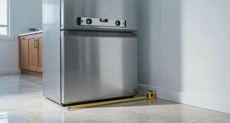Cuánto mide un refrigerador de 7 pies en centímetros: refrigerador compacto de 7 pies con cinta métrica midiendo su alto, ancho y fondo en una cocina pequeña
