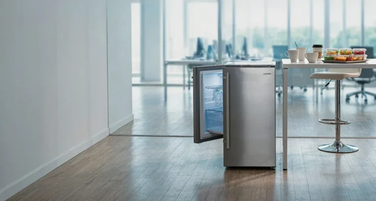 Refrigerador para oficina: refrigerador compacto de acero inoxidable en la kitchenette de una oficina moderna y luminosa