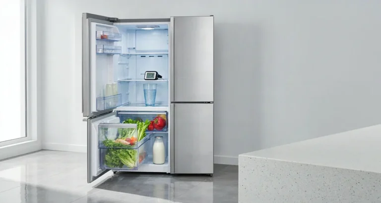 Cómo evitar que el refrigerador congele los alimentos: refrigerador doméstico abierto con termómetro digital y verduras frescas en el estante medio