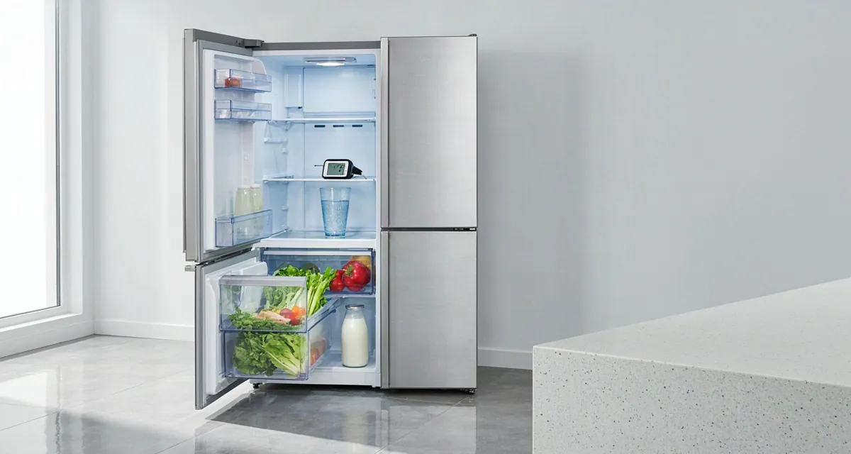 Cómo evitar que el refrigerador congele los alimentos: refrigerador doméstico abierto con termómetro digital y verduras frescas en el estante medio