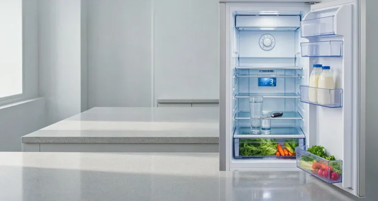 Cómo ajustar la temperatura de un refrigerador Frigidaire: dial de control y panel digital con termómetro en el estante medio de un refrigerador doméstico