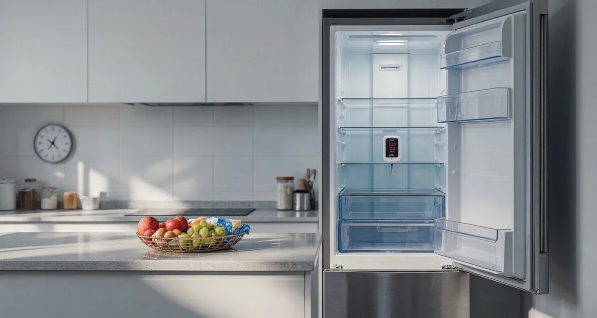 Cuánto tiempo se tarda en enfriar un refrigerador nuevo, con termómetro digital mostrando 3 a 5 °C en el estante medio