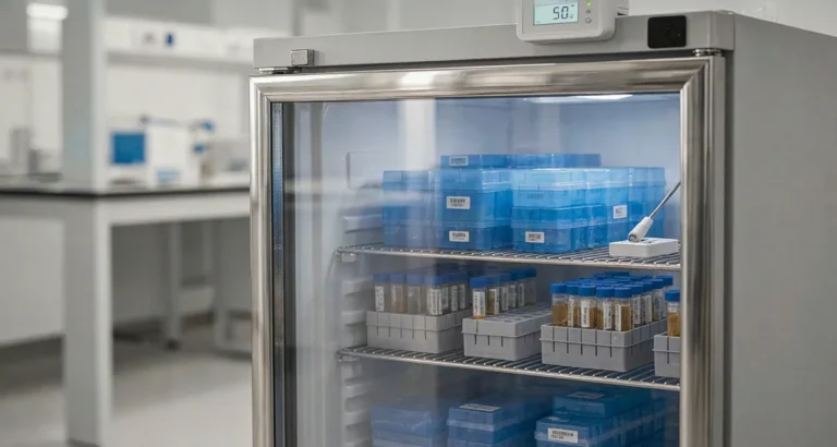 Refrigerador para laboratorio de 2 a 8 °C con datalogger y alarma de temperatura en un laboratorio clínico