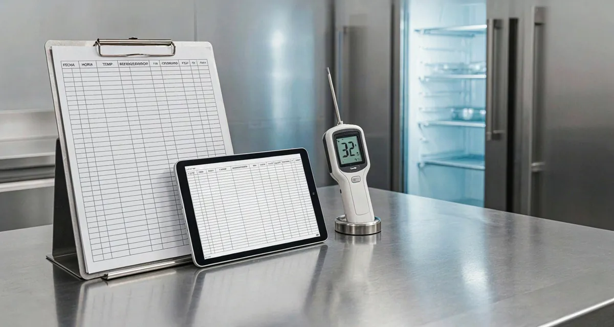Hoja de control de temperatura de refrigerador impresa con columnas de fecha, hora, grados y firma, junto a un termómetro digital que marca 3.2 °C