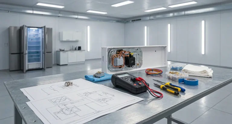 Diagrama eléctrico de un refrigerador doméstico desplegado junto a un multímetro y el relay del compresor durante un diagnóstico